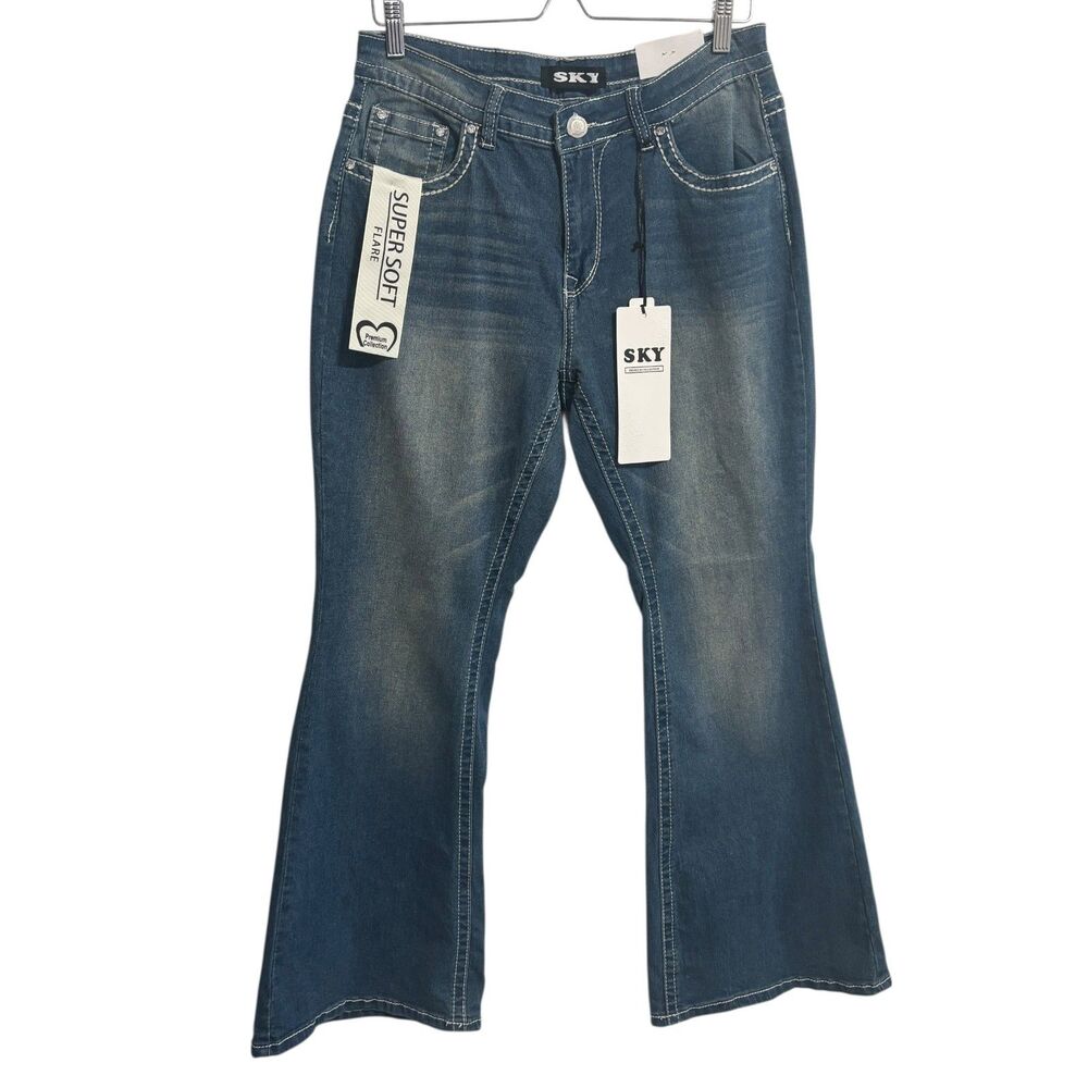 SKY Shaded Flare Jeans Women's Sz 13/14 Blue Bling Flap Rear Pockets